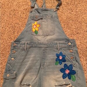 Floral Embroidered Denim Overalls